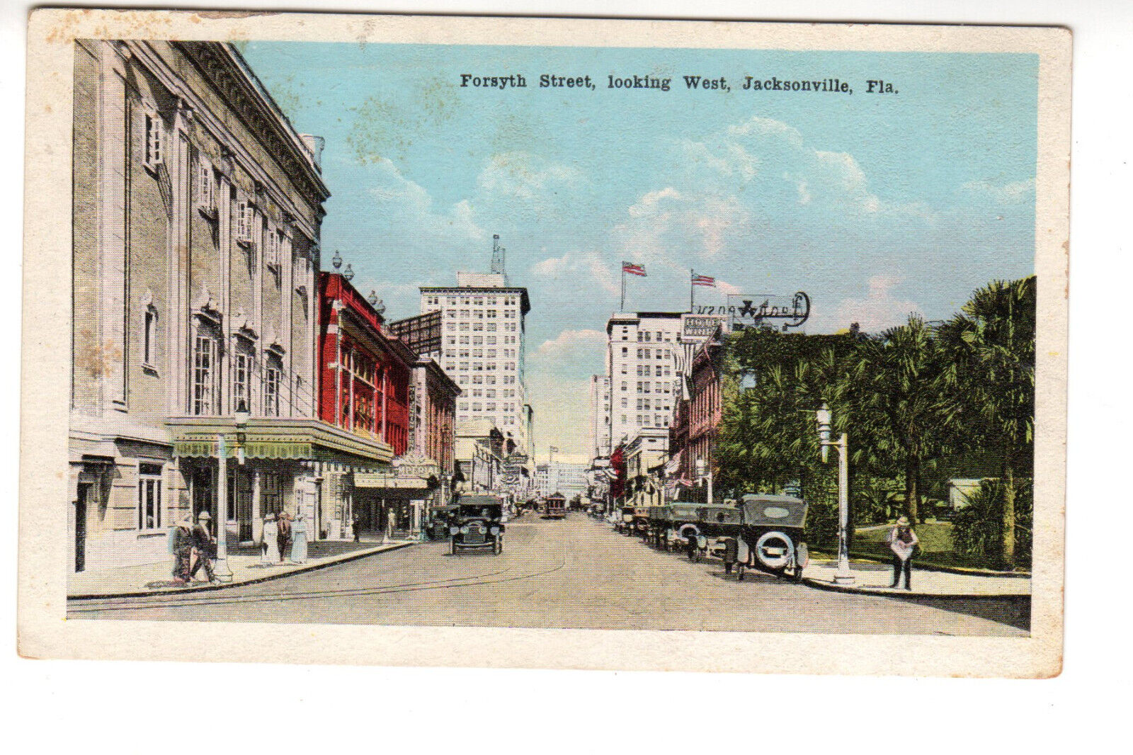 Postcard: Forsyth Street, Jacksonville FL (Florida) - looking west; vintage auto