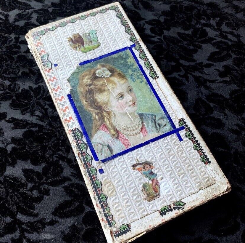 Antique Victorian Paper Keepsake Box With Lock Of Hair And Dried Rose Mourning