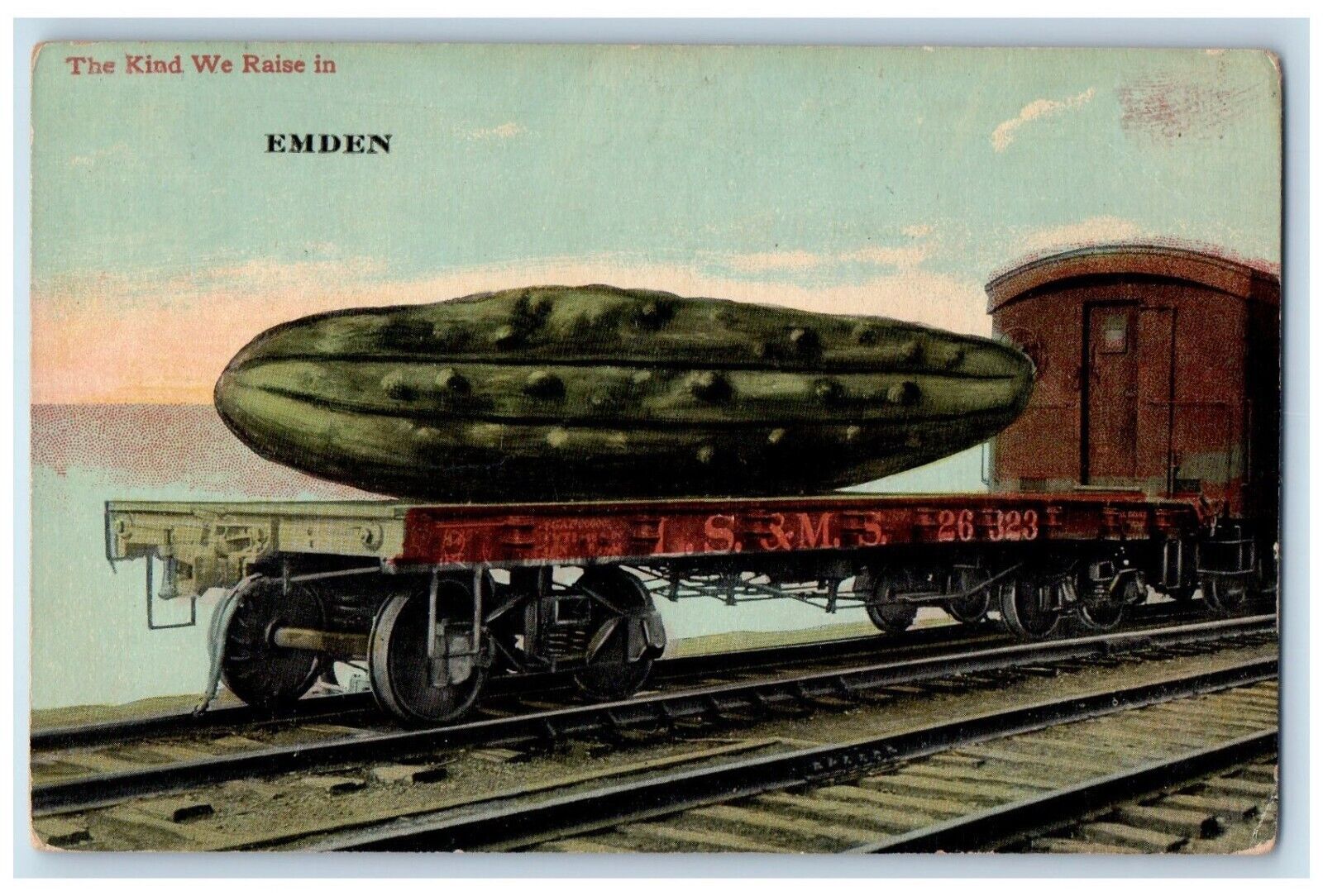 c1910\'s Emden IL, The Kind We Raise Exaggerated Cucumber Train Antique Postcard