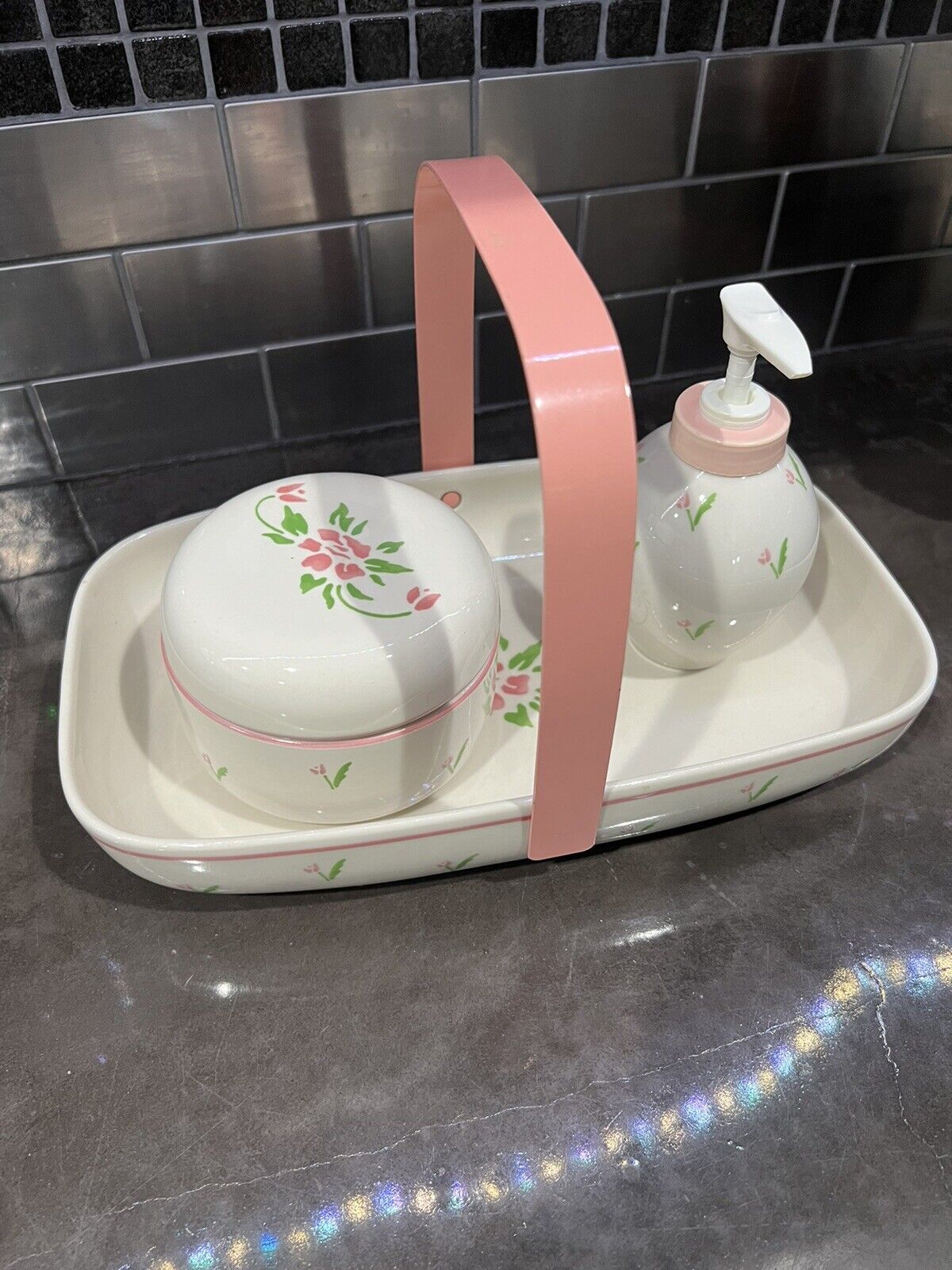 Teleflora Ceramic Floral Vintage 1985 Bathroom Vanity Set Soap Trinket Tray Dish