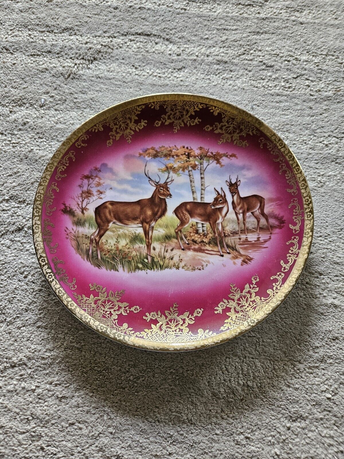 Antique Royal Vienna Hand Painted Plate Deer Pink Background Gild Trim Bee Logo