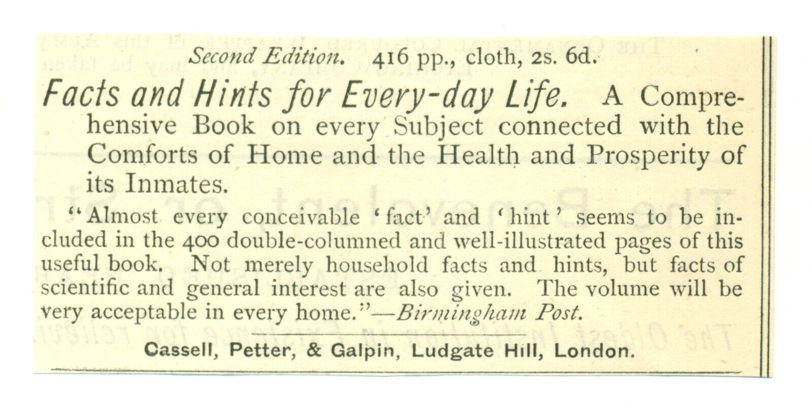 1874 FACTS AND HINTS FOR EVERY-DAY LIFE, 416 pg. book Vintage Print Ad SV2.