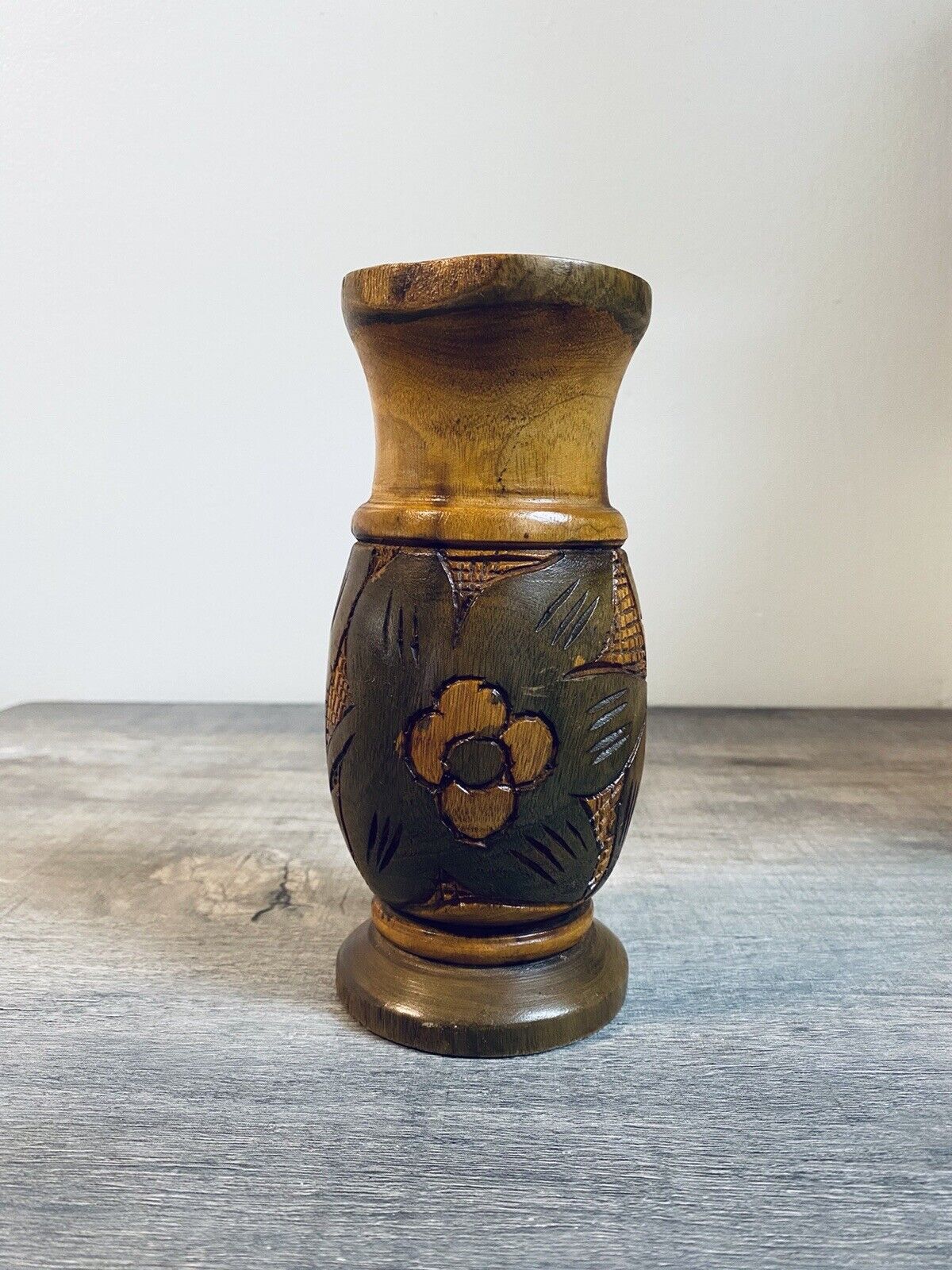 Vintage Hand Carved Wooden Floral Decorative Vase 