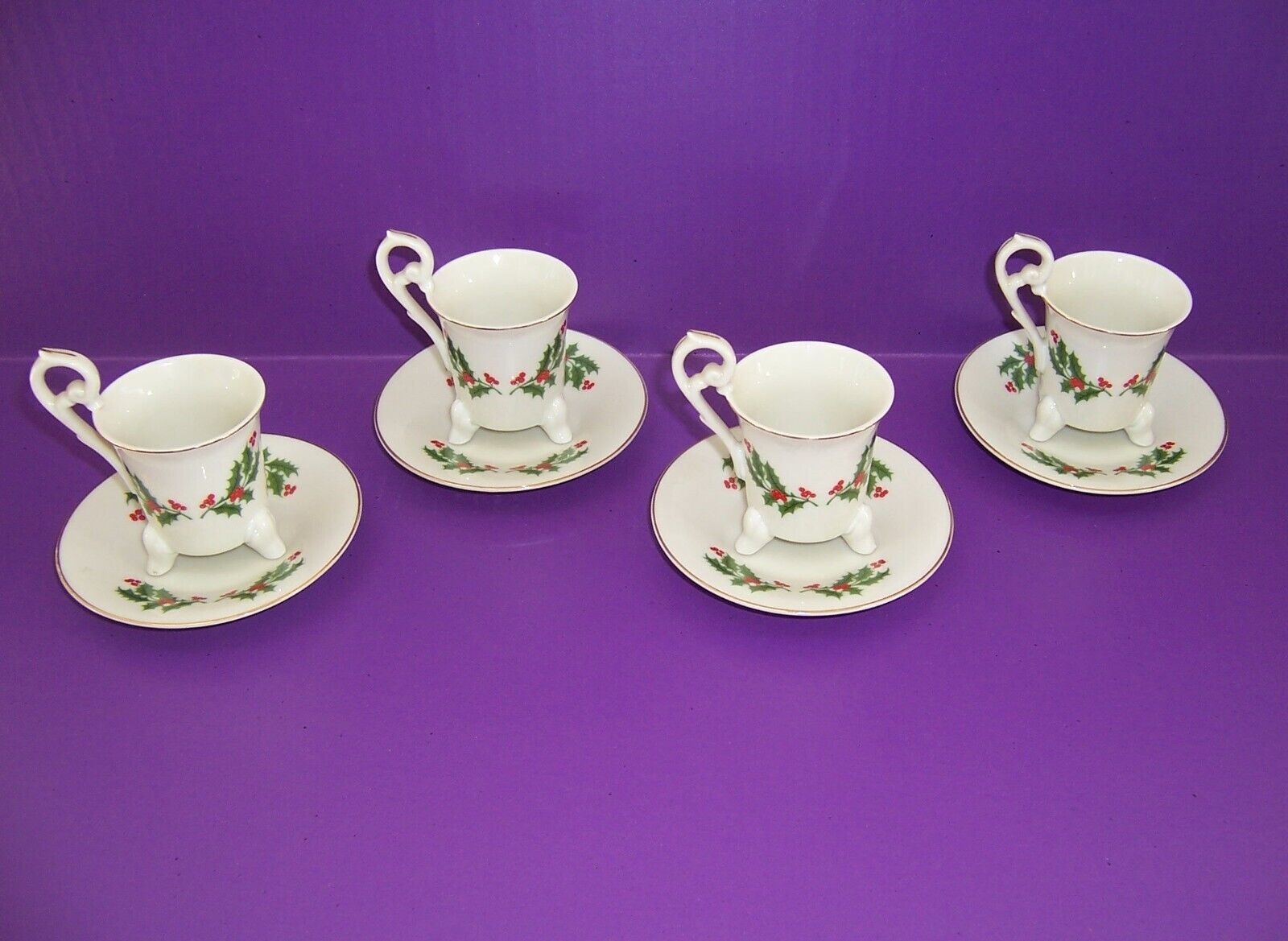 Lot-4 Neiman Marcus Footed  Demitasse Cups/Saucers Made in Japan-Holly & Berries