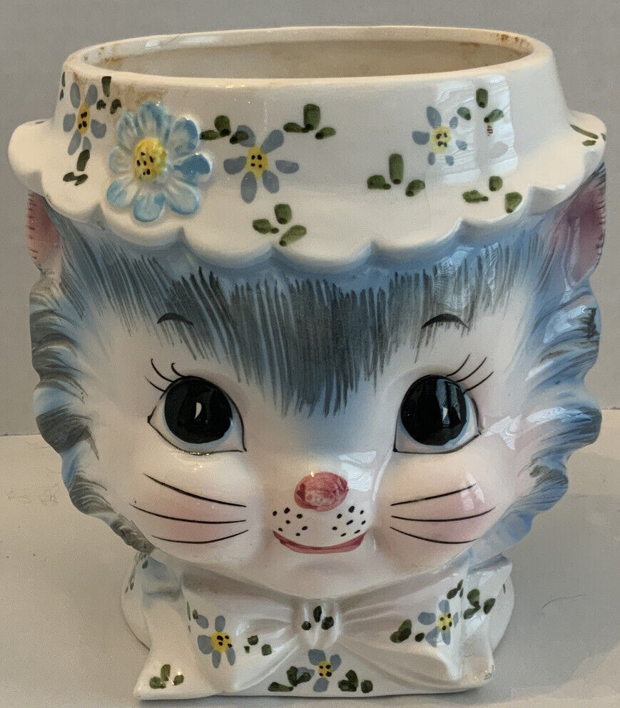 Vintage Lefton Japan Ceramic Kitten and Flowers Planter 3860
