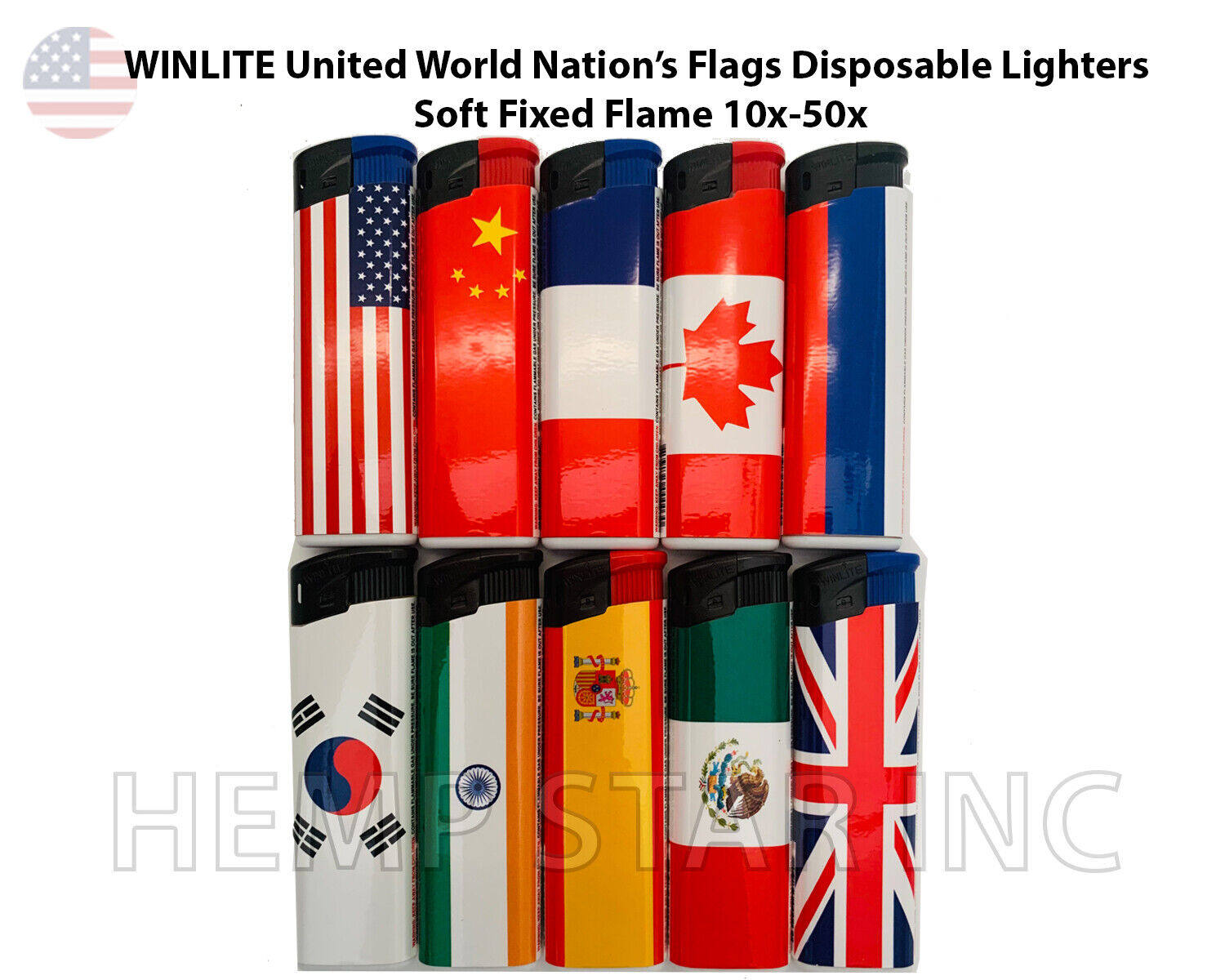 WINLITE United World Nation’s Flags Disposable Lighters Soft Fixed Flame 10x-50x