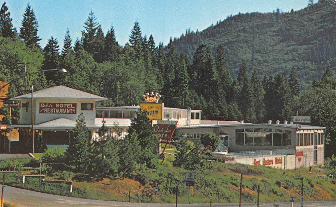 OAK-LO MOTEL House of Glass Restaurant DUNSMUIR, CA Roadside c1960s Vintage