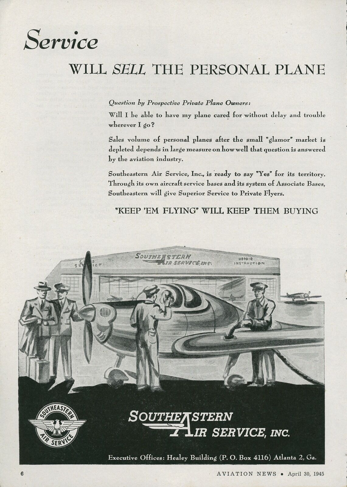 1945 Southeastern Air Service Ad Small & Private Plane Repairs Atlanta Georgia