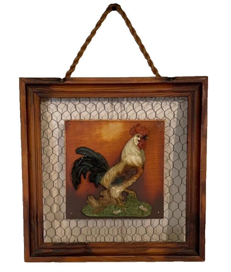 Vintage Wood Rooster Chicken Hanging Picture Art Farm Decor Chicken Wire 12”x12”