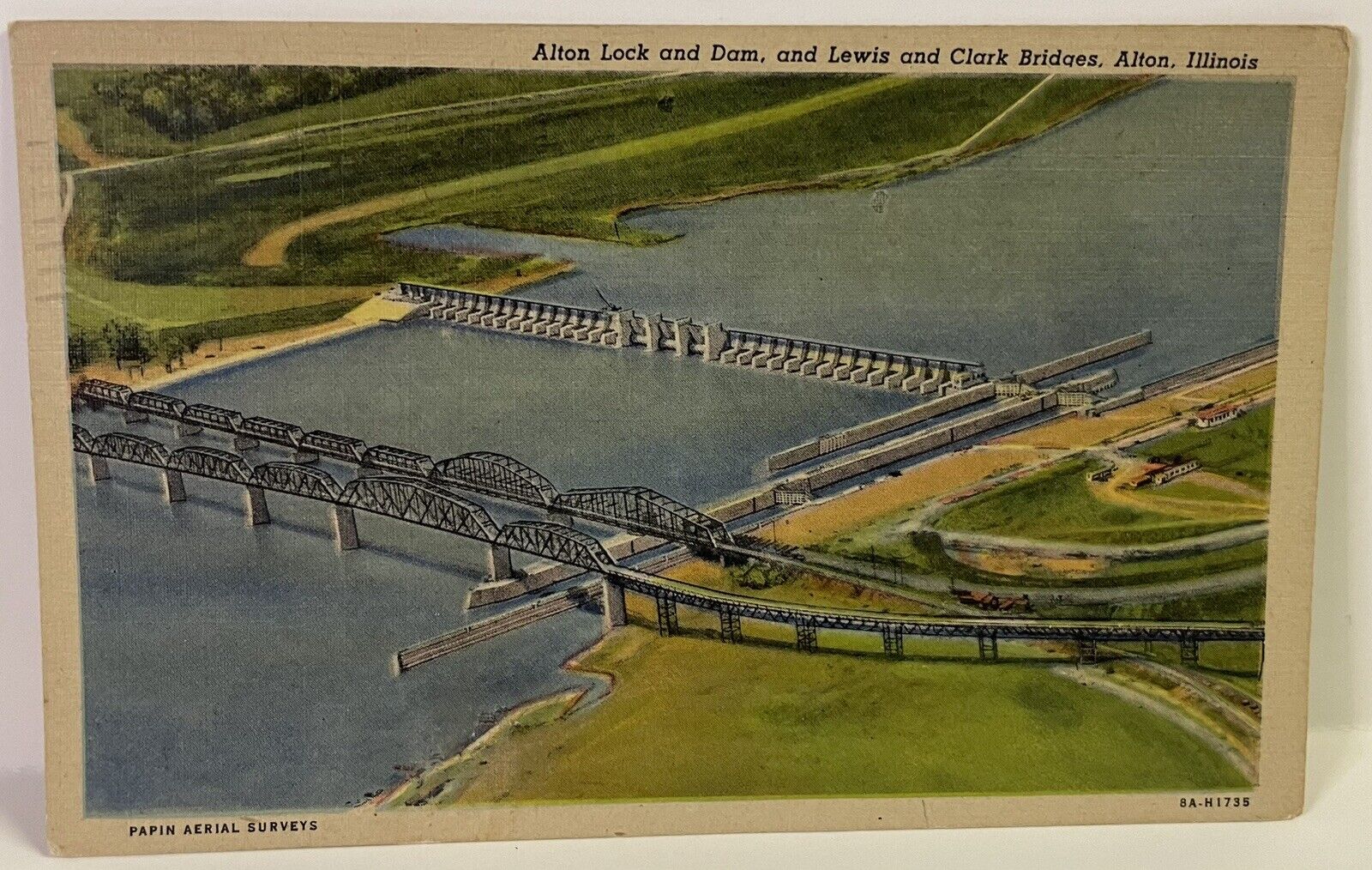 Postcard IL Alton Illinois Lock and Dam Lewis and Clark Bridges Linen