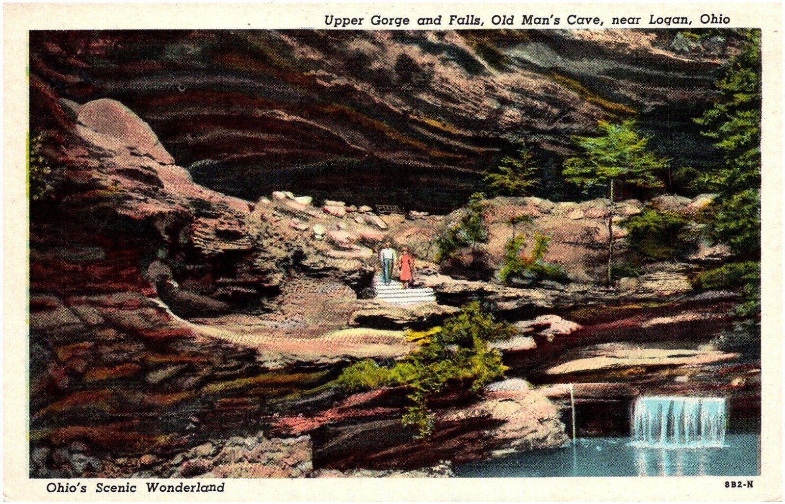 Upper Gorge and Falls Old Man\'s Cave Near Logan Ohio OH 1940s Chrome Postcard