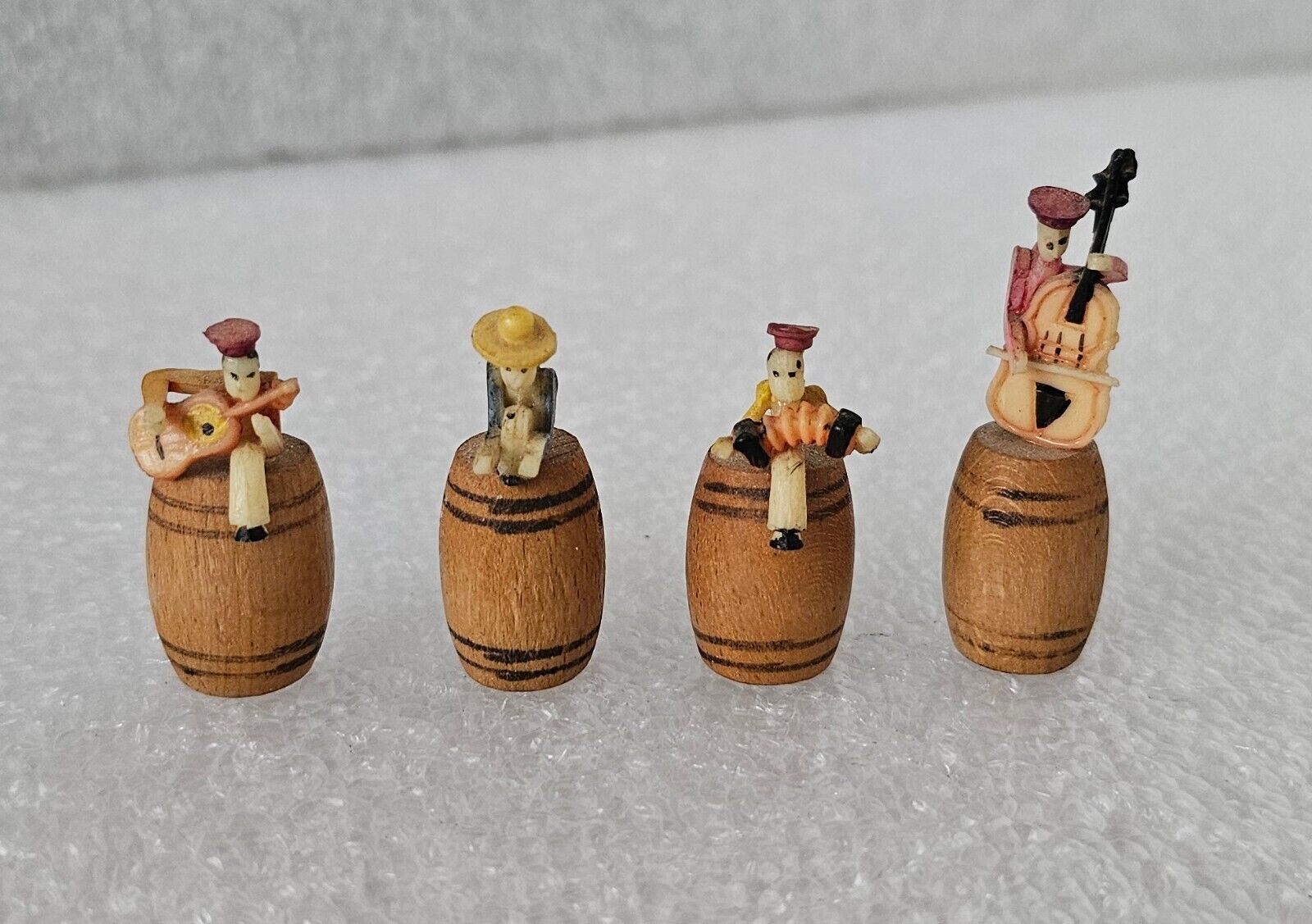 Vintage Miniature Celluloid Musicians on Wooden Barrels Set of 4 Made in Japan