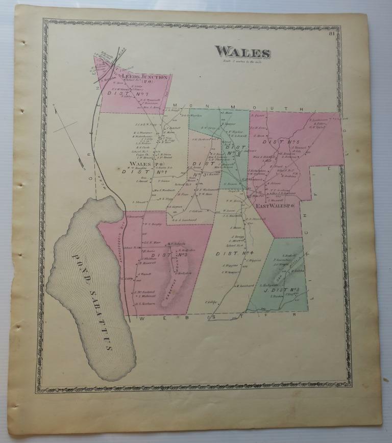 ORIG. 1873 TOWN OF WALES, ANDROSCOGGIN COUNTY MAINE MAP,SABATTUS POND,RR,OWNERS 