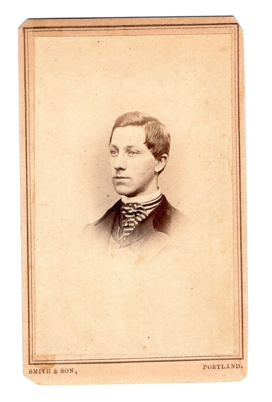EXC 1860s PORTLAND Man STRIPE CRAVAT TIE PIN Vignette CDV SMITH & SON