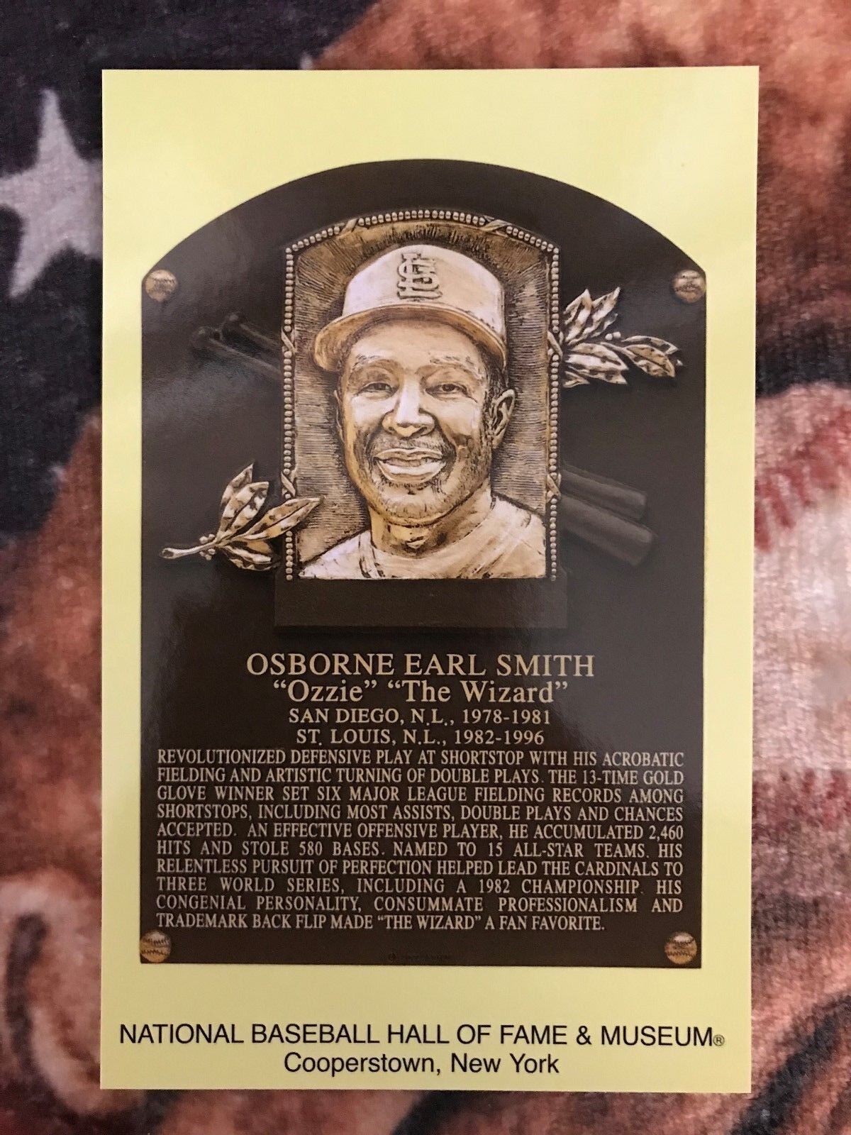 Ozzie Smith Postcard- Baseball Hall of Fame Induction Plaque -Cooperstown Photo