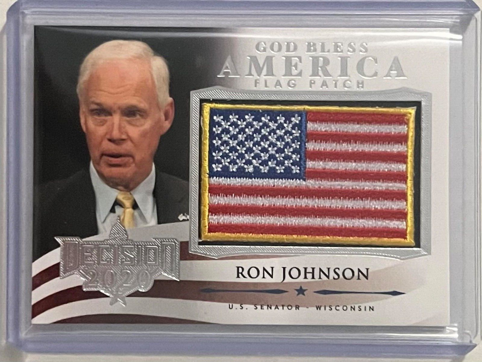 RON JOHNSON 2020 DECISION GOD BLESS FLAG PATCH CARD U.S. SENATOR WISCONSIN