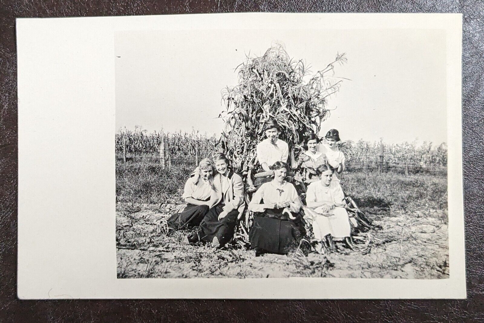 Rare Vintage RPPC Real Photo Postcard 1900s Group Men + Women Cornfield K21