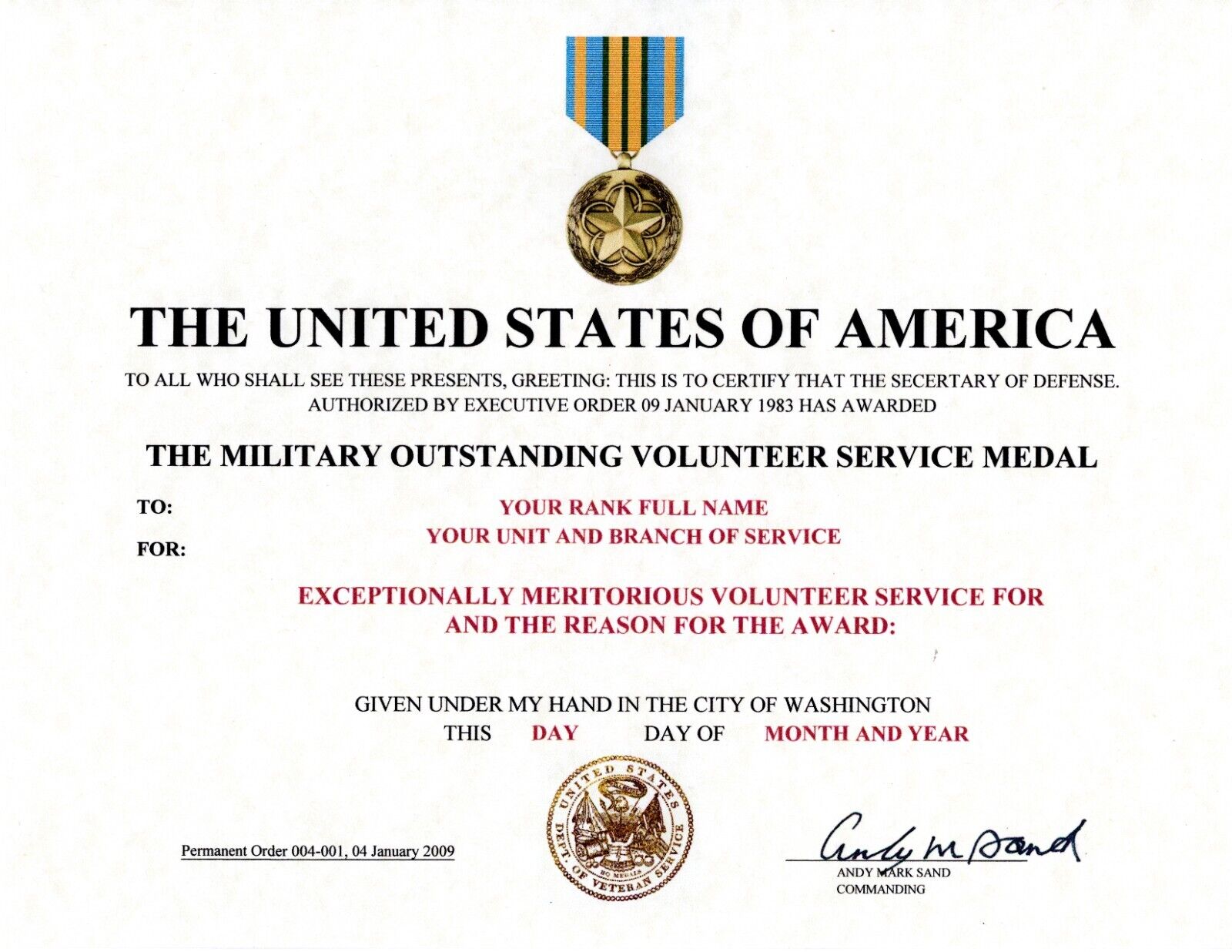 The Military Outstanding Volunteer Service Medal Certificate Army Navy USMC USAF