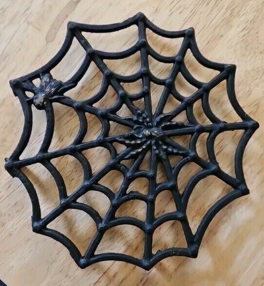 RARE Vtg Halloween Cast Iron Spider Web Fly Goth Gothic Kitchen Trivet VG