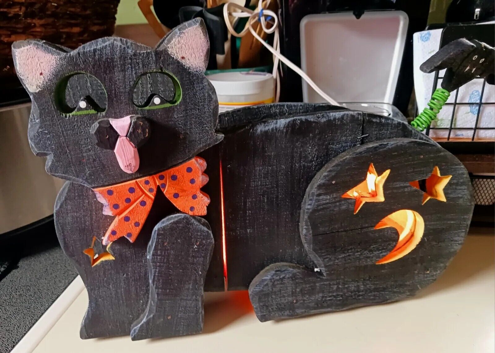 Wooden Light Up Black Halloween Kitty Cat Home Decor