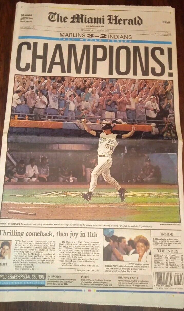 1997 Florida Marlins World Series Champions Miami Herald Newspaper Final