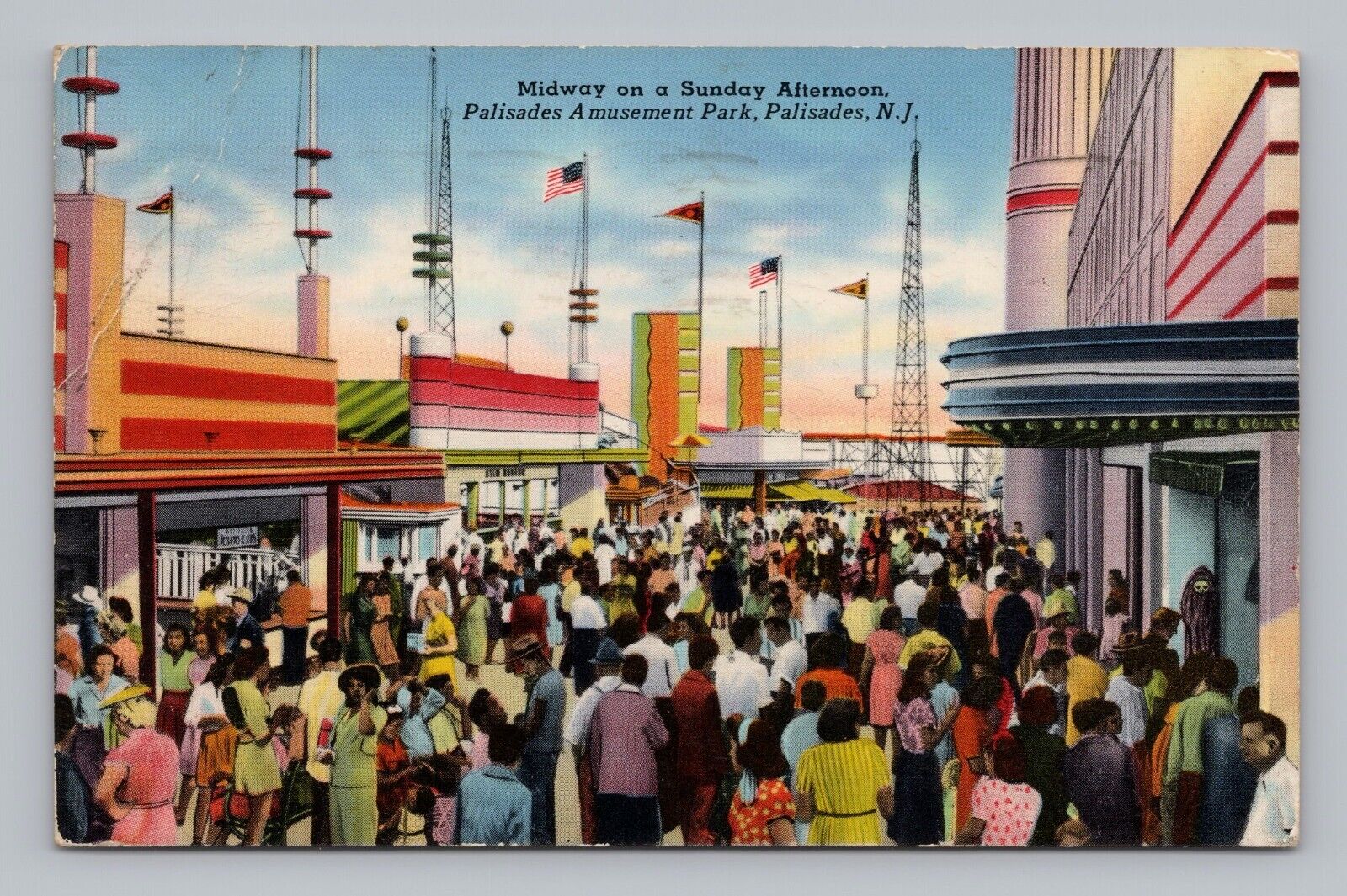 Postcard Palisades Amusement Park New Jersey Midway on a Sunday Afternoon c1964