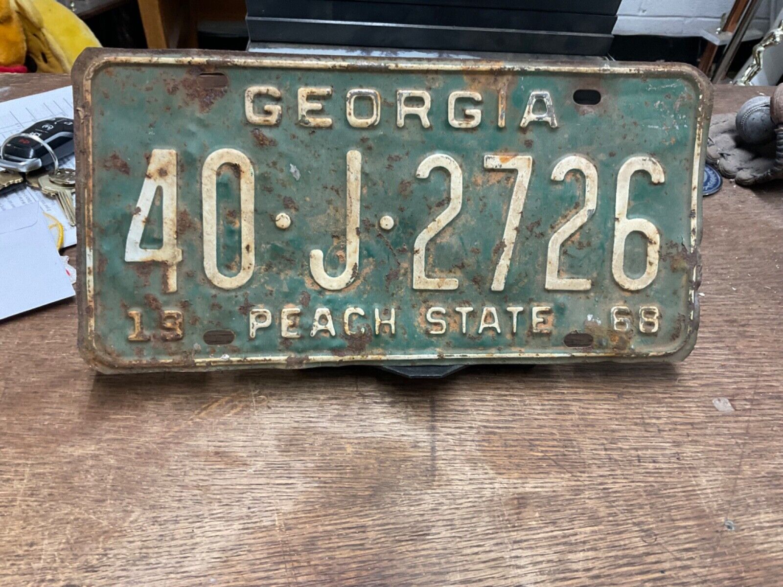 License Plate Tag Georgia GA 1968 40 J 2726 “Peach State” Rustic USA