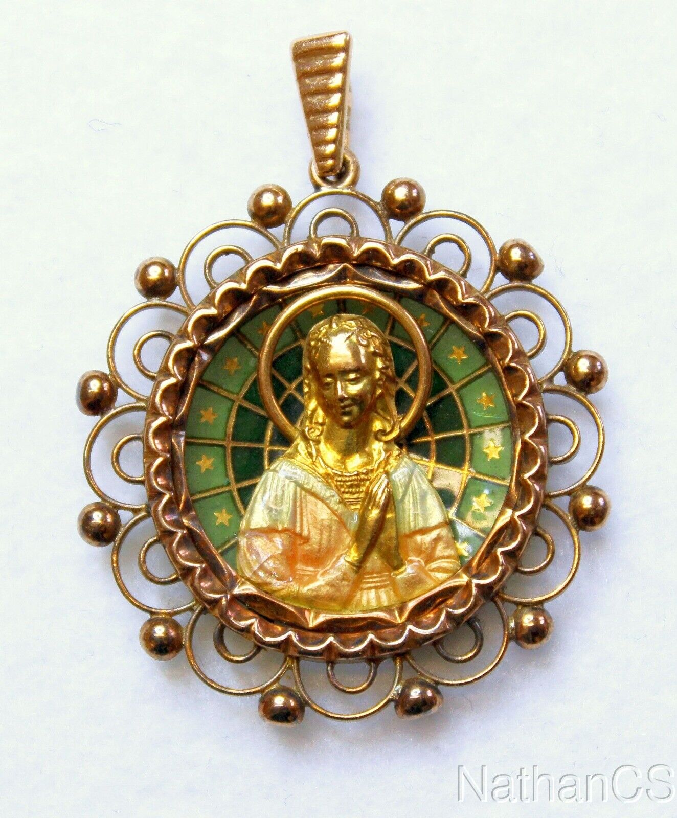 Vintage 18 K Gold Plique-à-Jour Virgin Mary & Child Pendant Medal 1923 w Chain