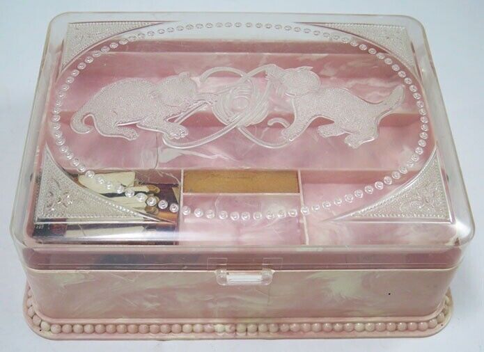 Vintage Hommer\'s Kitten Sewing Kit Box w/ 2 Cats Pink Marble Swirl Plastic EXC