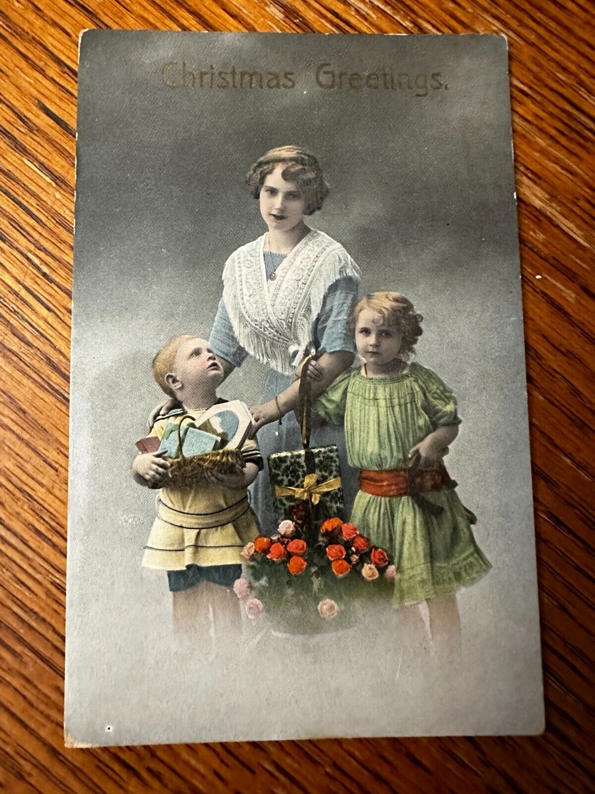 VTG Antique Christmas Postcard 1918 Saxony Pampbelltown PA Mother & Children