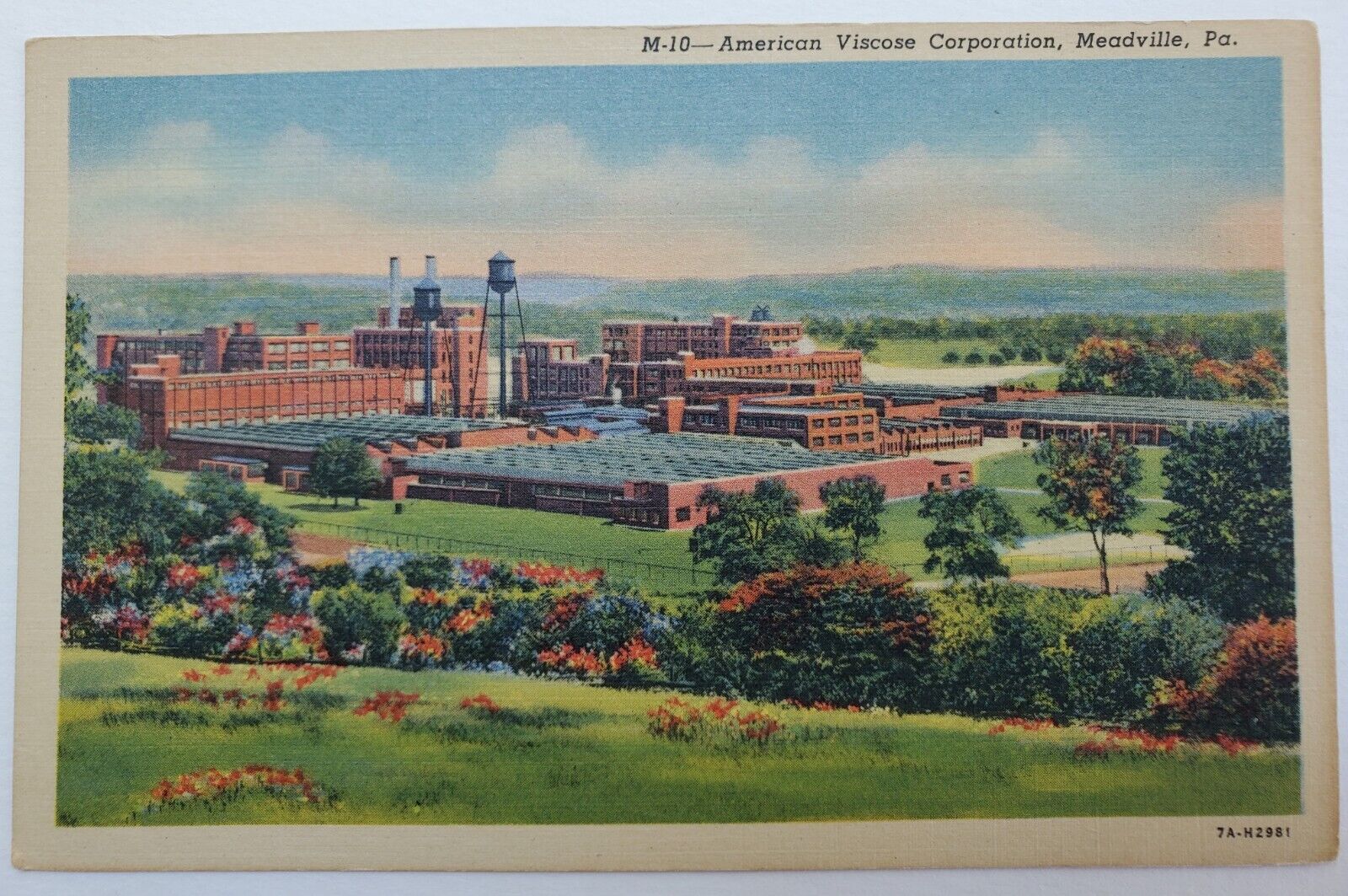 Meadville, PA Bird\'s-eye View of American Viscose Corporation Linen Postcard T3