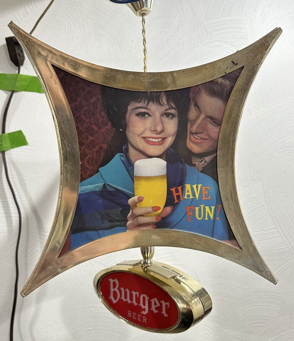 Vintage 1960s Atomic Rotating Lighted Burger Beer Advertising Bar Sign Display