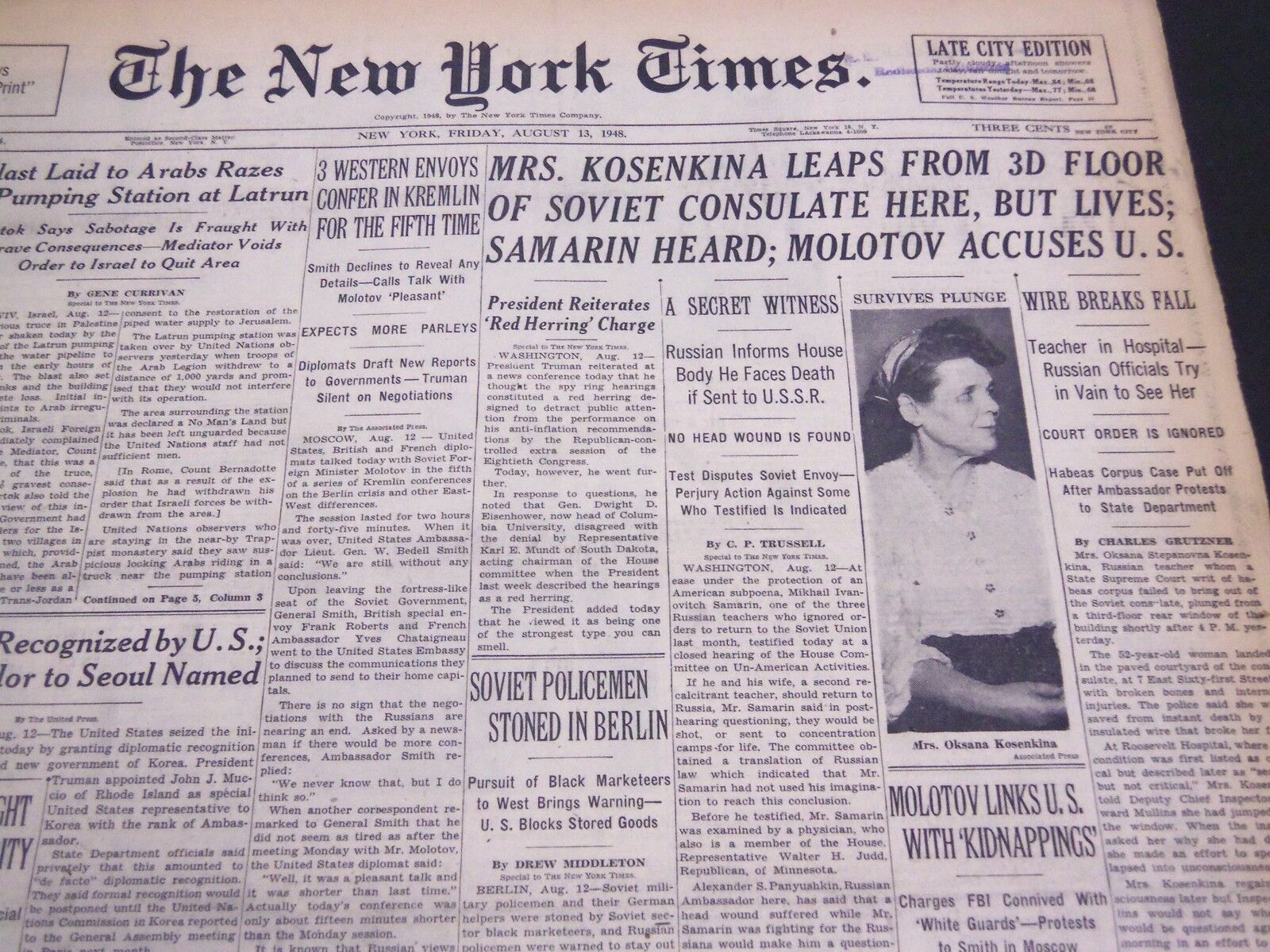 1948 AUGUST 13 NEW YORK TIMES - MRS. KOSENKINA LEAPS FROM 3D FLOOR - NT 4384