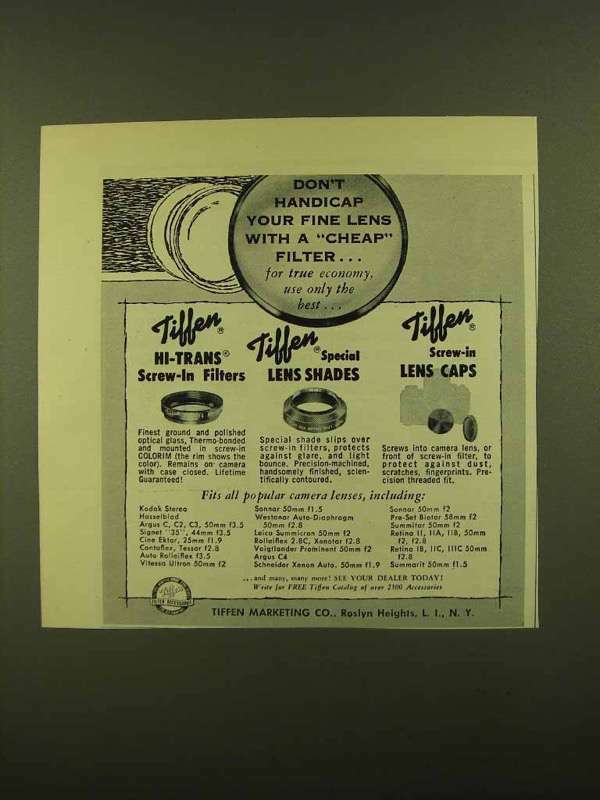1956 Tiffen Ad - Hi-Trans Screw-in Filters, Lens Caps