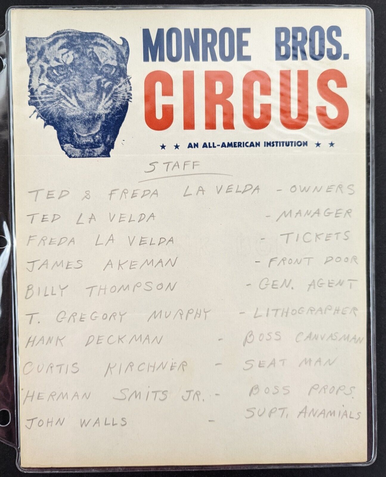 Antique 1930s Monroe Bros Circus Staff List Tiger Graphic Advertising Letterhead