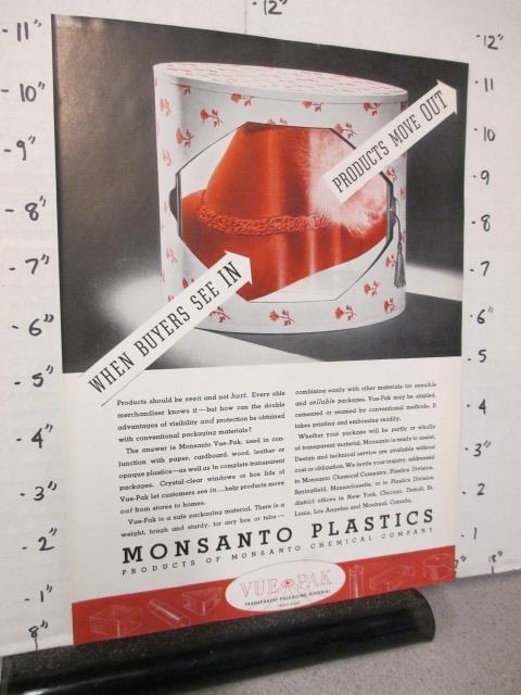 magazine ad 1939 MONSANTO PLASTICS Vue Pak women\'s red hat product window box
