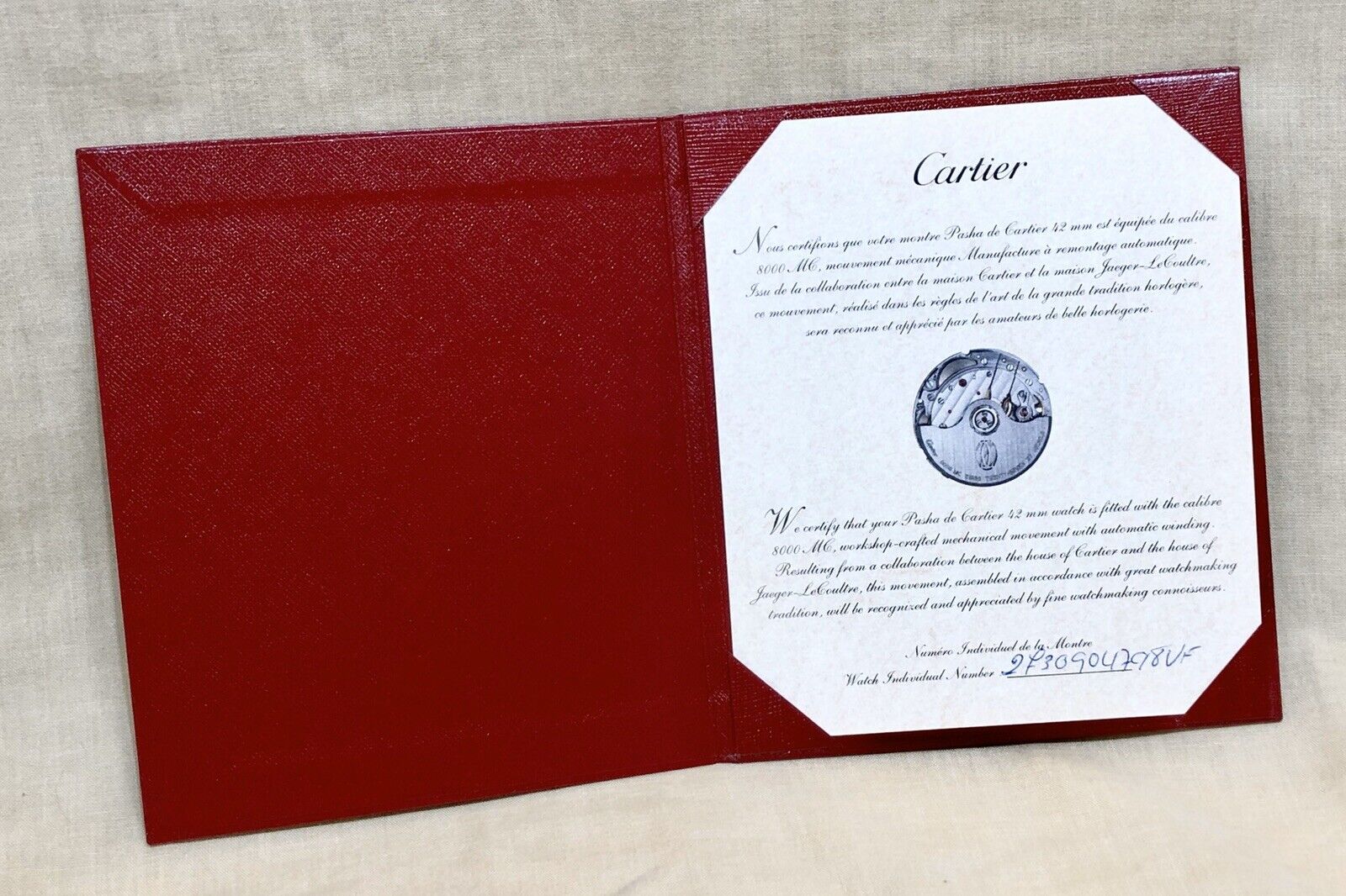 CARTIER Certificate PASHA de Cartier 42 mm Calibre 8000 MC Guarantee Movement /