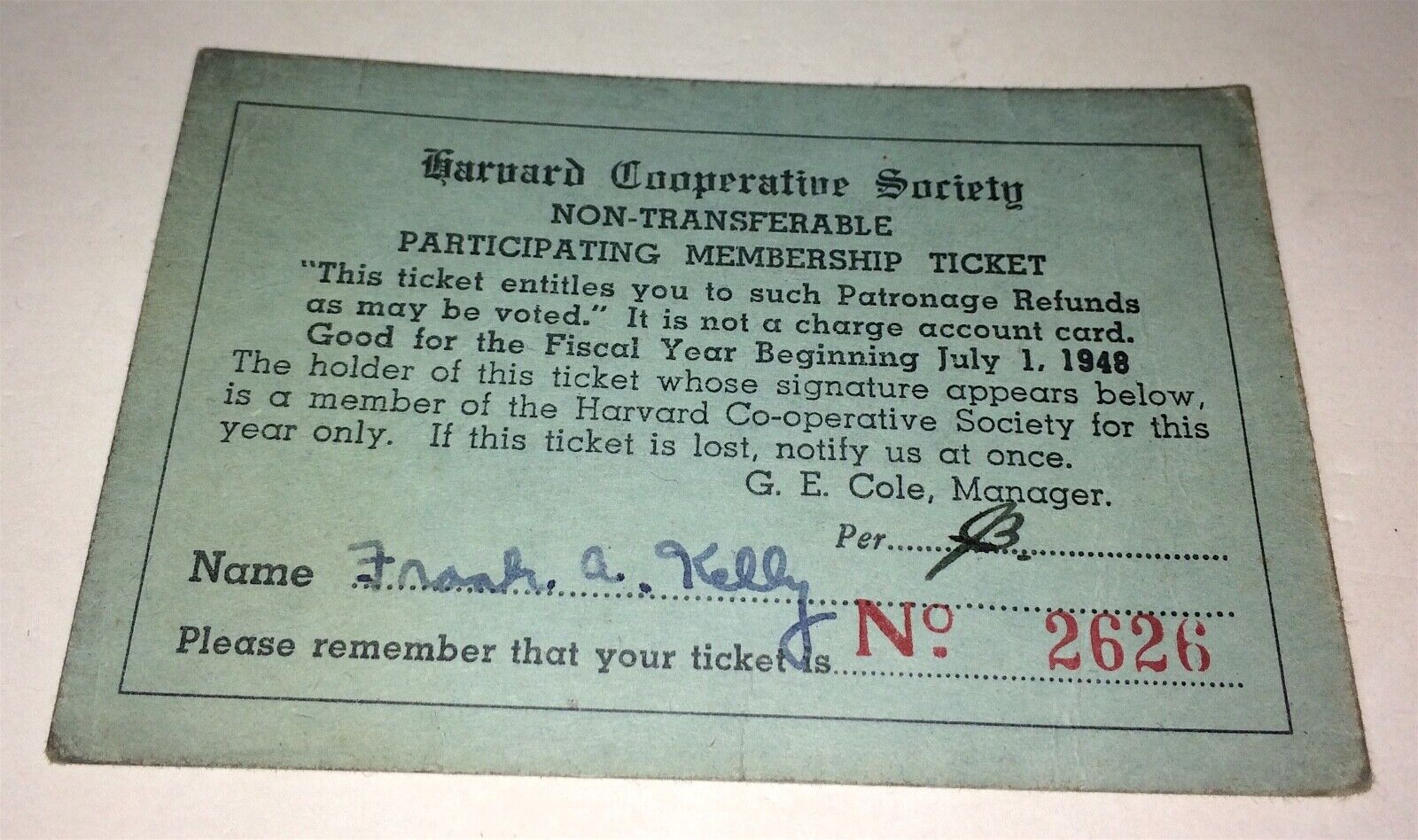 Rare American Collegiate Harvard Cooperative Society Ticket C.1948 Frank Kelly