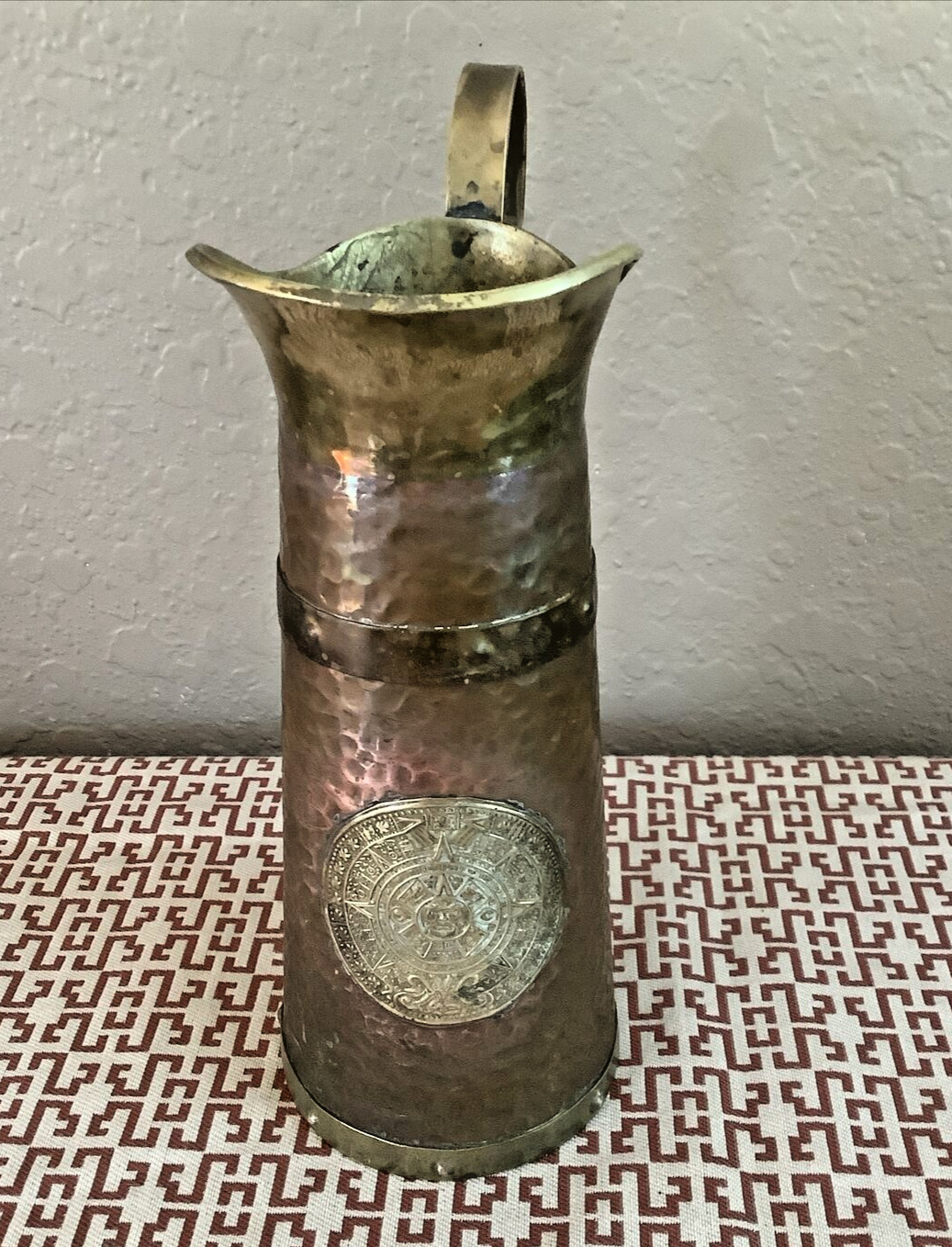 Vintage Hammered Copper and Brass 9.75” Pitcher~Aztec Mayan Calendar