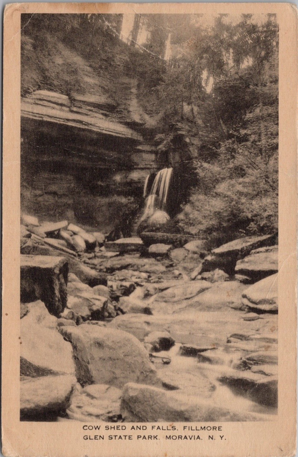 MORAVIA, NEW YORK ~ Cow Shed & Falls ~ Filmore Glen State Park c.1915 Postcard