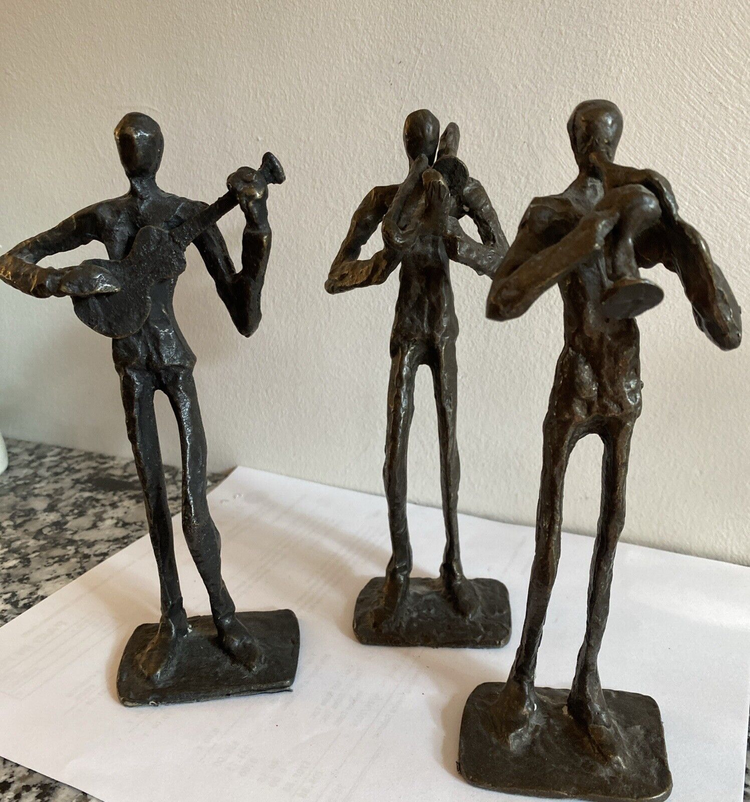 Three (3) Vintage Trombone, Trumpet, Guitar Brutalist Cast Bronze Sculptures MCM