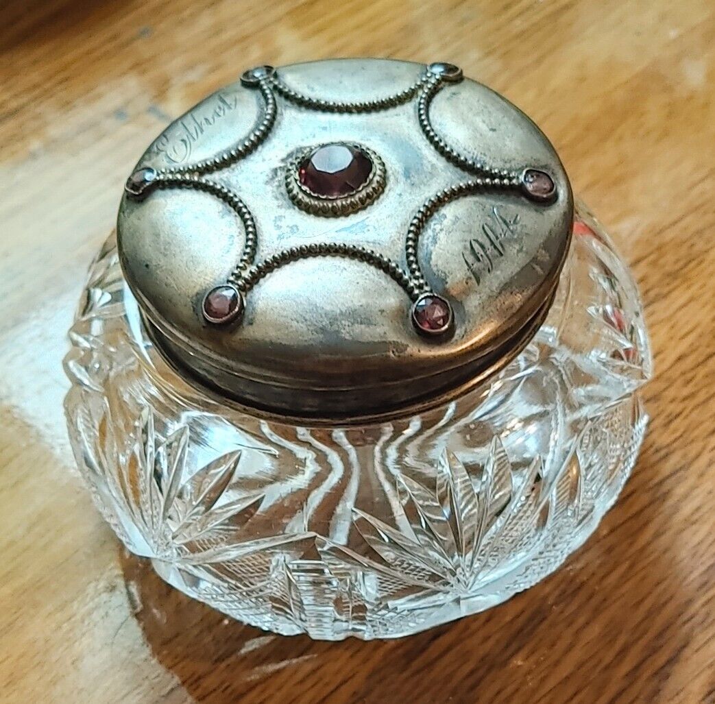American Sterling Perfume Crystal Jar With Silver Amethyst Encrusted Lid 1904