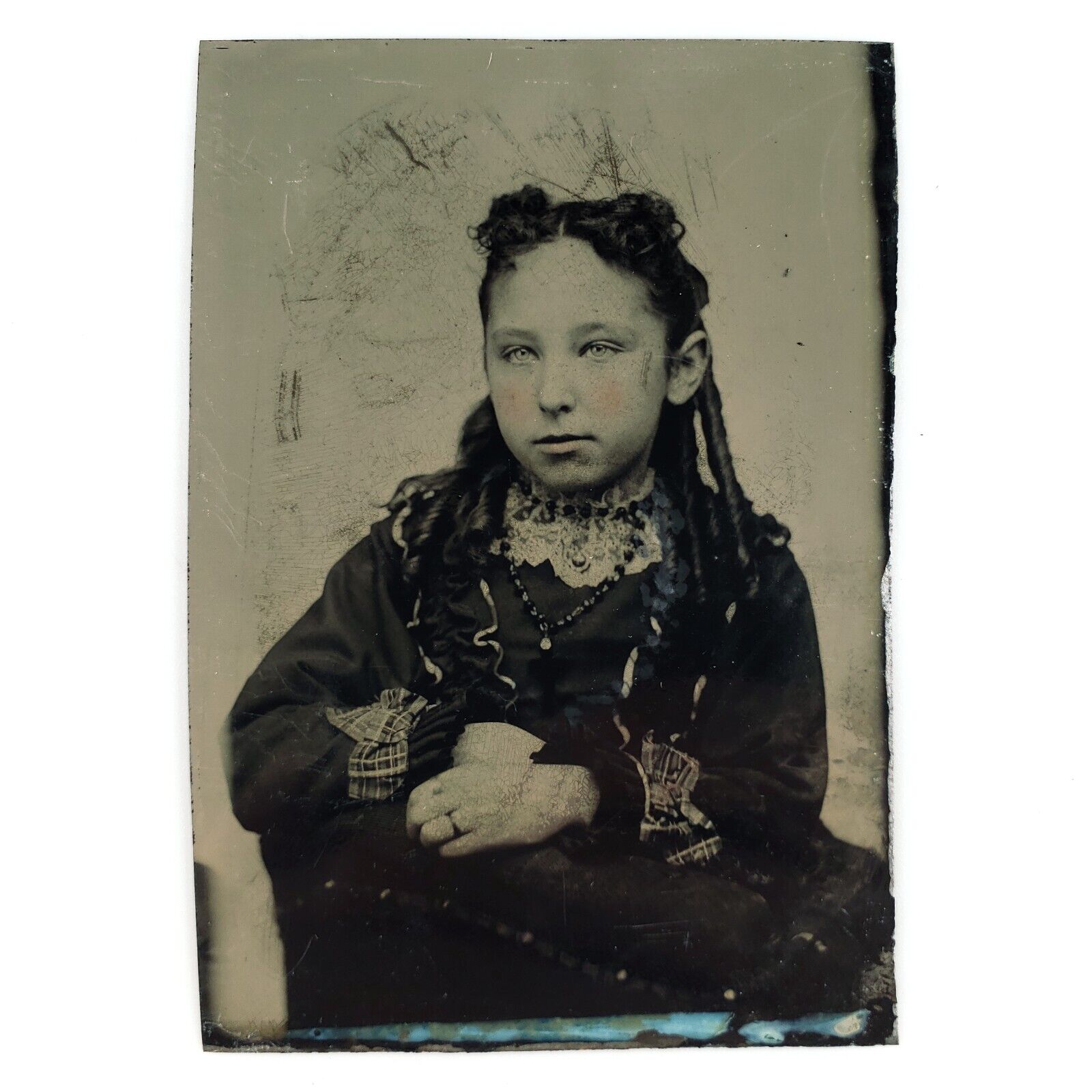 Gorgeous Young Girl Sitter Tintype c1870 Antique 1/6 Plate Child Photo A3439