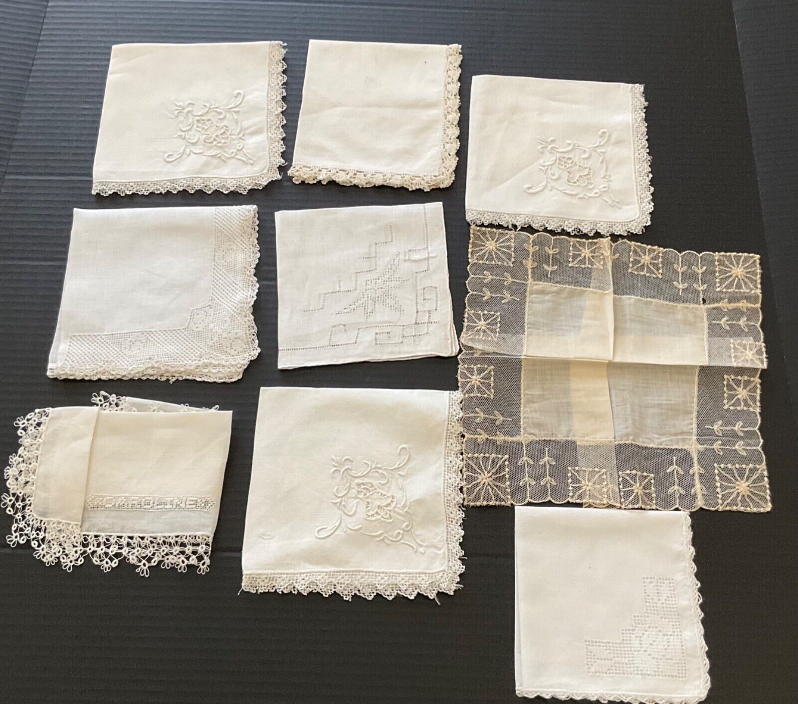 Vintage White* Off White with Stunning Crafted Borders Lot of 9 Hankies