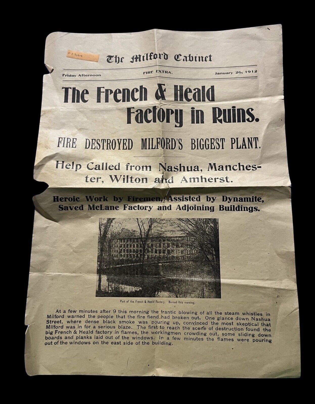 Vintage Newspaper Clipping The Milford Cabinet January 26, 1912 Factory In Ruins