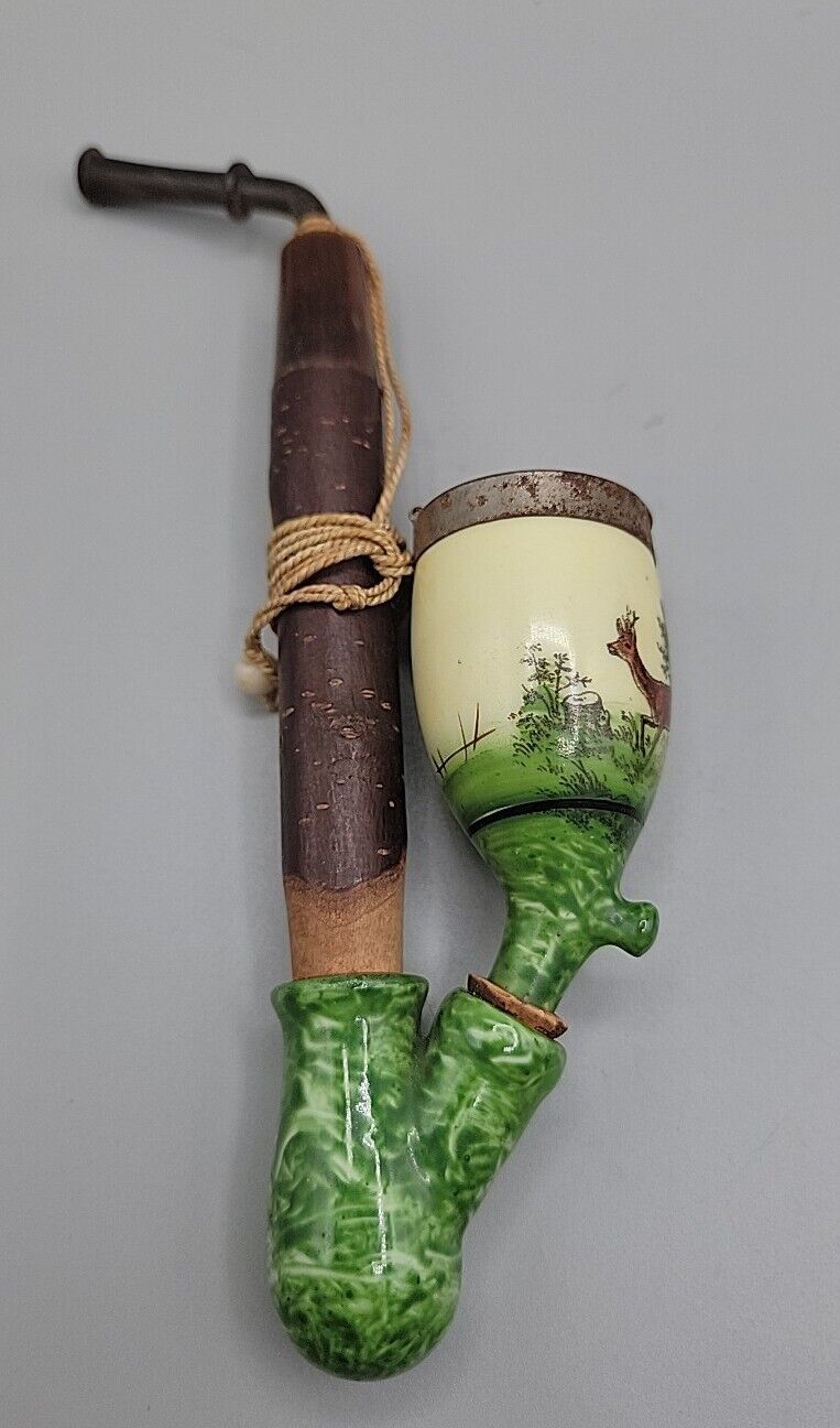 German Porcelain & Wooden Pipe Hunting Scene Hand Painted 