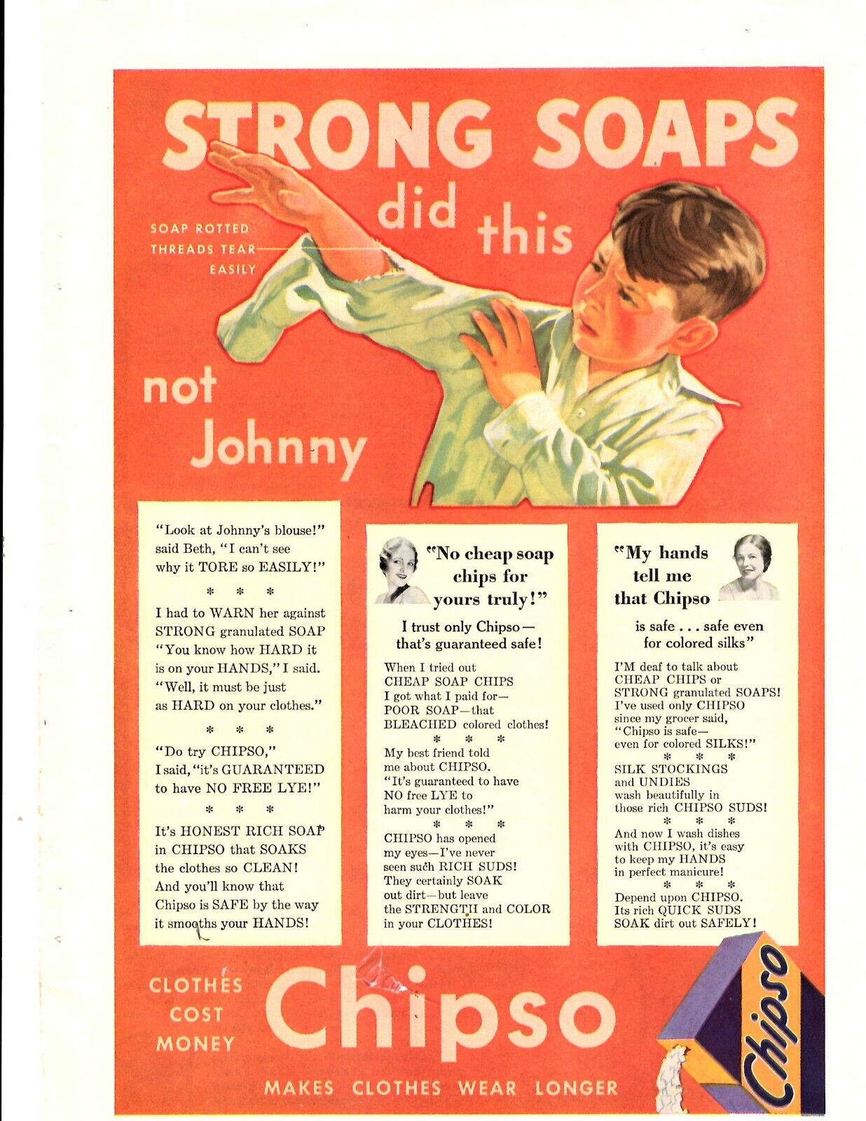 1932 Print Ad Chipso Laundry Soap Strong Soaps did this not Johnny Makes Clothes