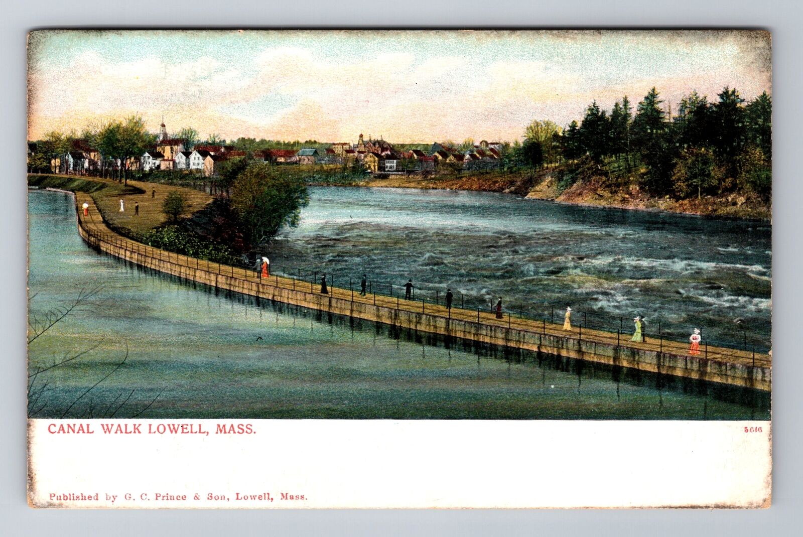 Lowell MA-Massachusetts, Canal Walk, City View, Ladies, Antique Vintage Postcard