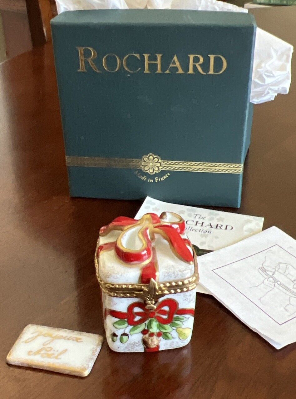 Rochard Limoges France Porcelain Christmas Present Trinket Box Has The LETTER
