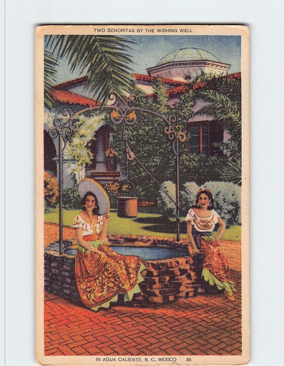 Postcard Two Senoritas By The Wishing Well, In Agua Caliente, Tijuana, Mexico